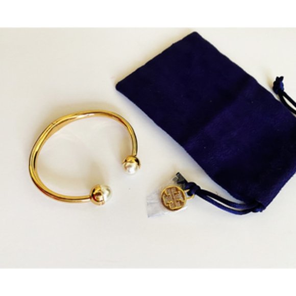 Tory Burch Gold Plated Brass Pearl Ivory Hinge Cuf - Picture 3 of 3